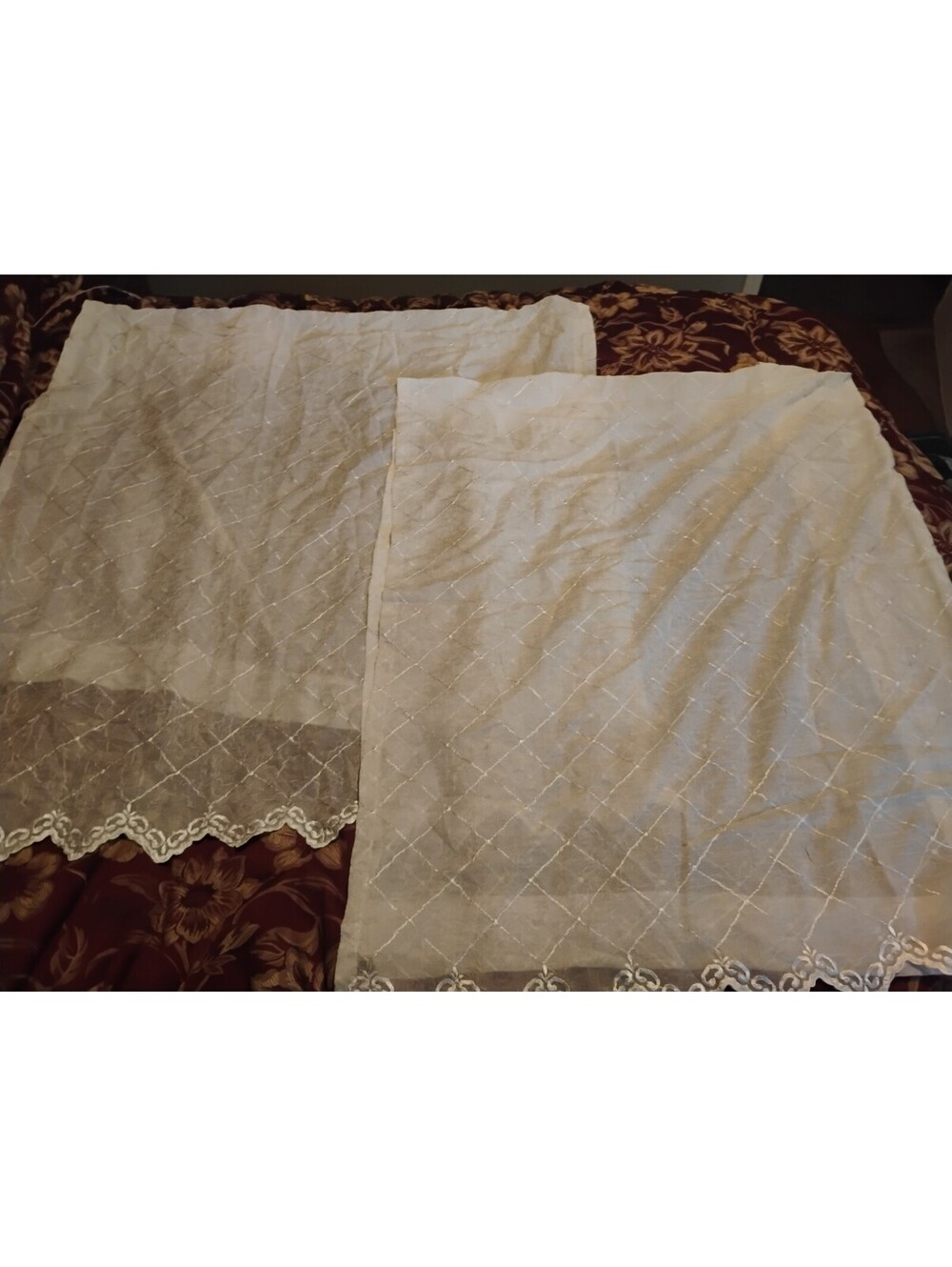 Vintage Sheer White & Gold Diamond Lattice Curtains With Scalloped Lace Edge